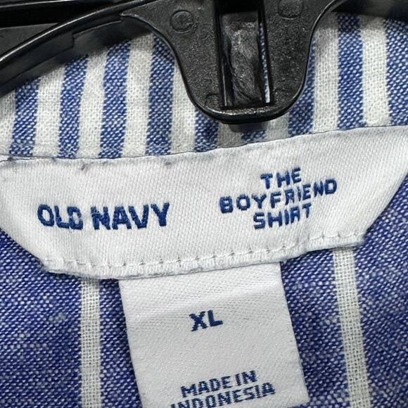 Old Navy Boyfriend Shirt Womens XL Blue White Stripe Linen Blend Button - Picture 7 of 8